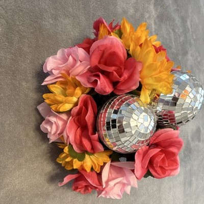 Artificial Rose Sunflower Arrangement Pink Yellow Silver Disco Ball Centerpiece