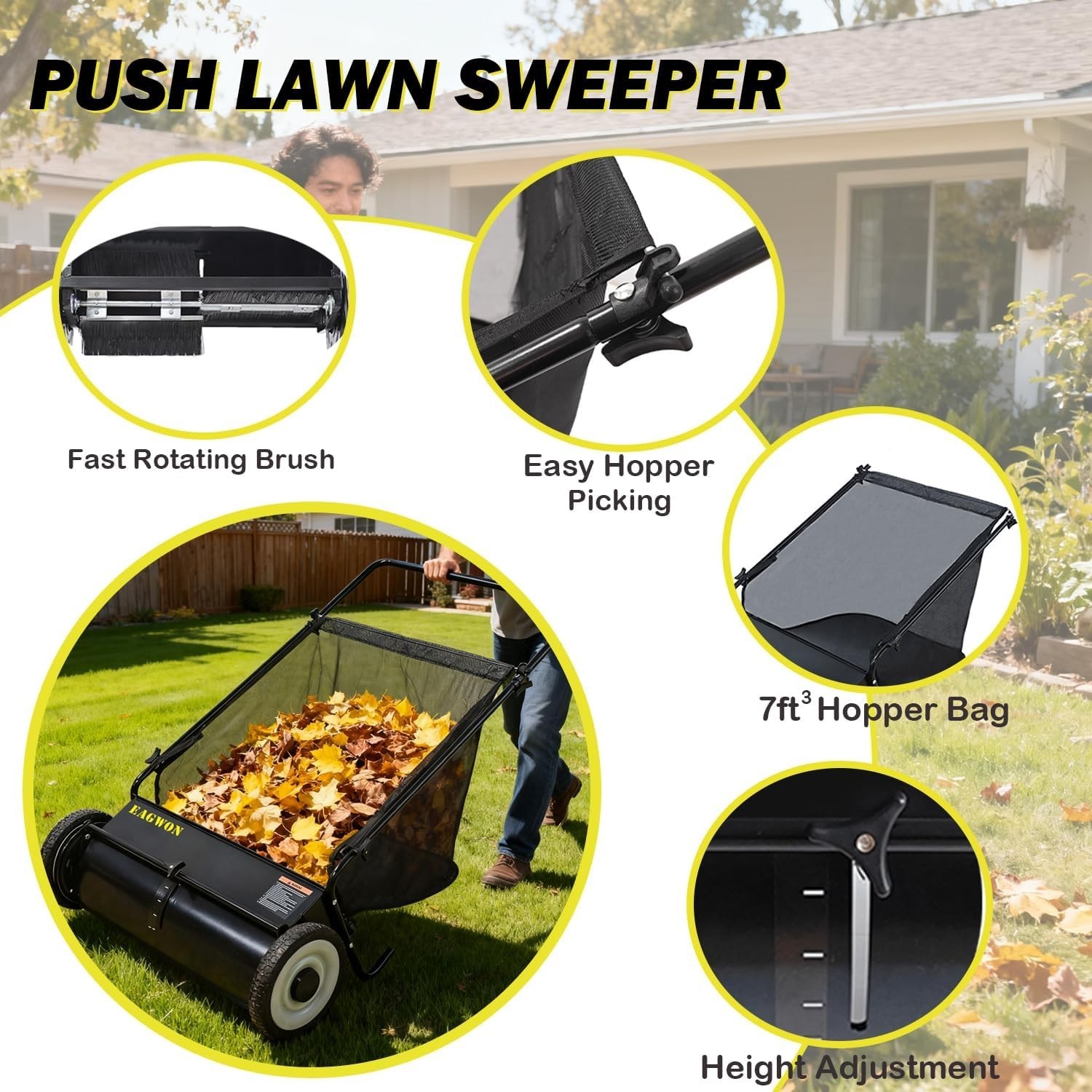 Push Lawn Sweeper,26-Inch Width,7 Cu. Ft.Hopper Capacity,4 Spinning Brushes,Adju