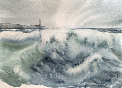 Original Watercolor Modern Art Painting Seascape LIGHTHOUSE Wave Landscape 12x8" - Picture 7 of 9