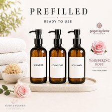 Shampoo Body Wash  Conditioner Soap Dispenser set PREFILLED with luscious soap