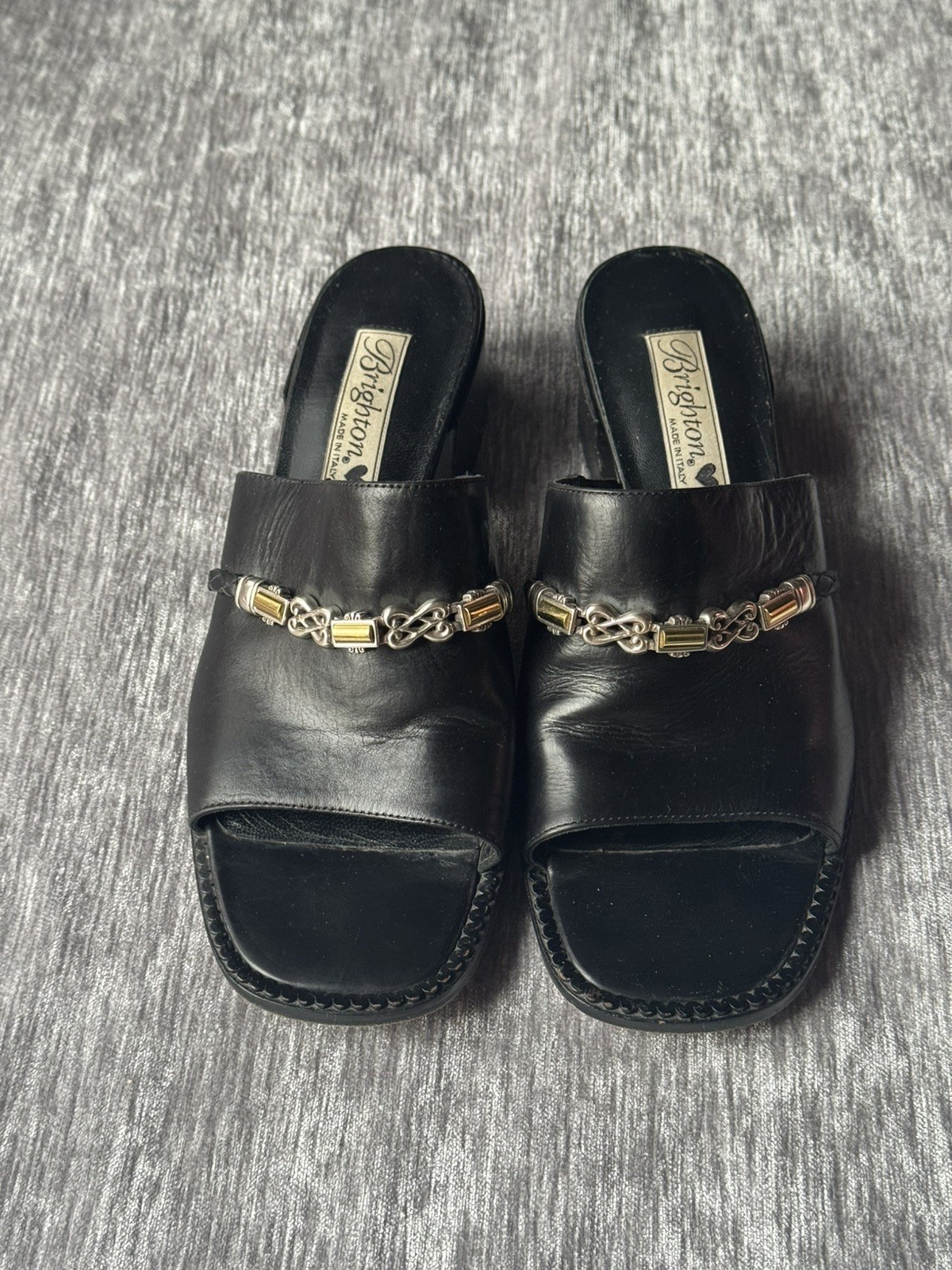 Brighton Black jeweled Leather Sandal Size 8 made in Italy