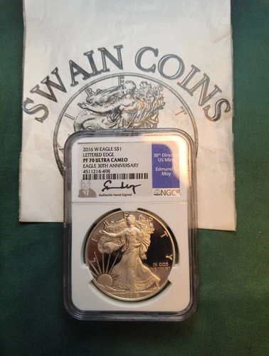 2016 W American Silver Eagle Lettered Edge NGC PF70 Moy Signature. EO109
