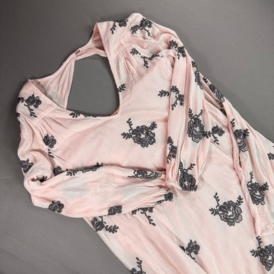 Free People Mini Dress Womens M Pink Excellent Embroidered Boho Open Back Tunic