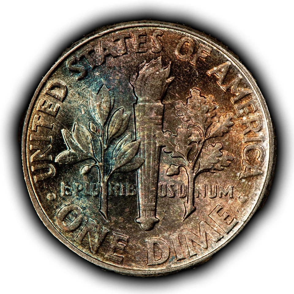 1959 10c Silver Roosevelt Dime - PQ Rainbow Toning - BU - SKU-Z6336 - Image 2 of 4