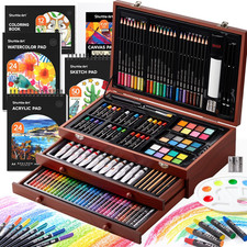 Deluxe Gift Art Kit, 202-Piece Wooden Art Supplies Set with 4 Drawing Pads, Canv