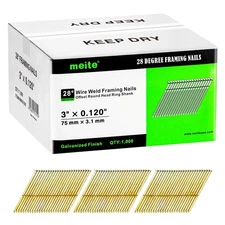 Framing Nails 28 Degree, 3-Inch, Wire Weld, Offset Round Head Ring Shank Fram...