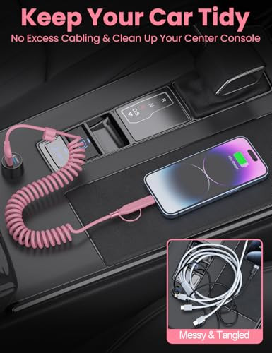 Coiled USB-C and Lightning Cable 2-in-1, 3FT iPhone 15 16 Car Charger Cord, - Picture 6 of 7