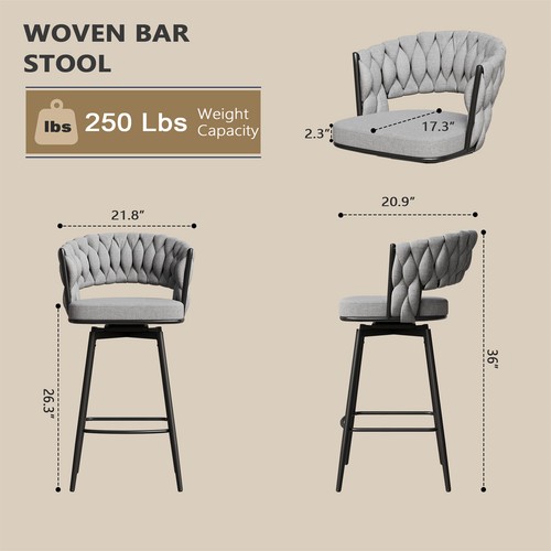 Set of 2 Swivel Bar Stools Linen Bar Chairs Kitchen Counter Height Dining Chairs - Picture 20 of 48