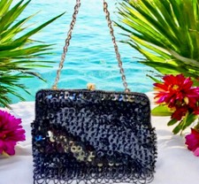 Vintage Black Beaded Purse Goldtone Chain OR Clutch Kiss Lock Handmade Hong Kong
