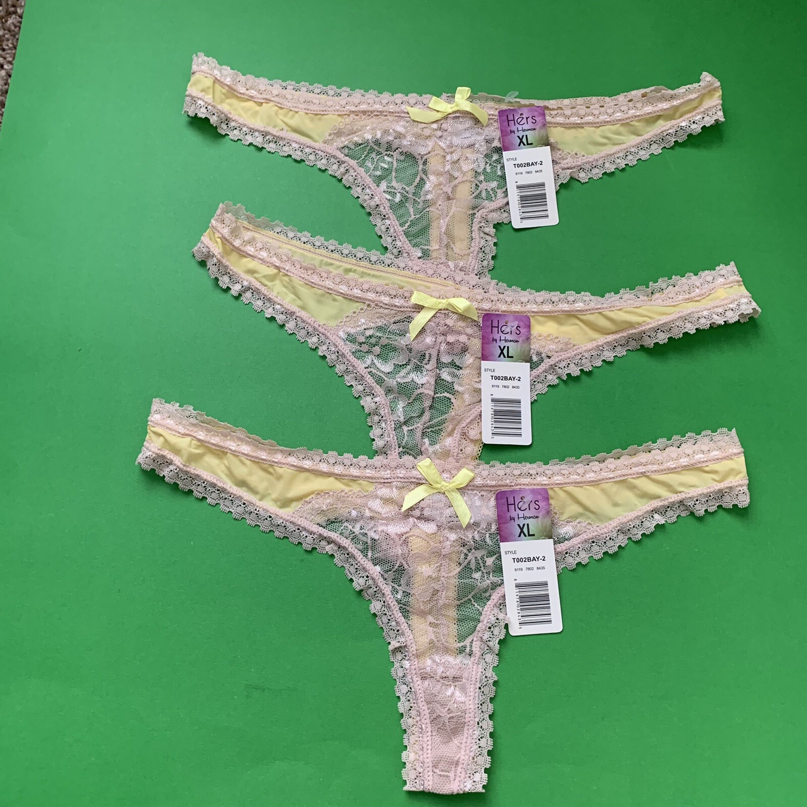 3 Hers By Herman Lace Thongs Yellow /Beige  Floral Sz XL New