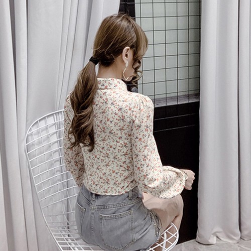 Women Floral Shirt Blouse Top Long Puff Sleeve Hollow Out Button Slim Casual - Picture 6 of 15