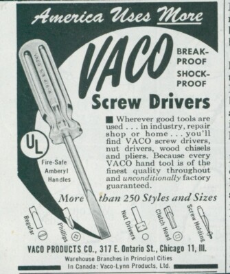 1955 Vaco Screw Drivers Break Shock Proof Print Ad SP22
