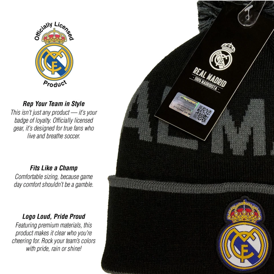 2024 Real Madrid C.F. Official Licensed Soccer Beanie - Black with Grey Print - Image 4 of 4