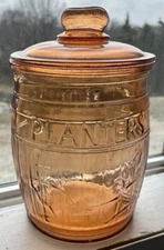 Planters Mr Peanut Pink Depression Glass Barrel Jar 10" Tall With Lid