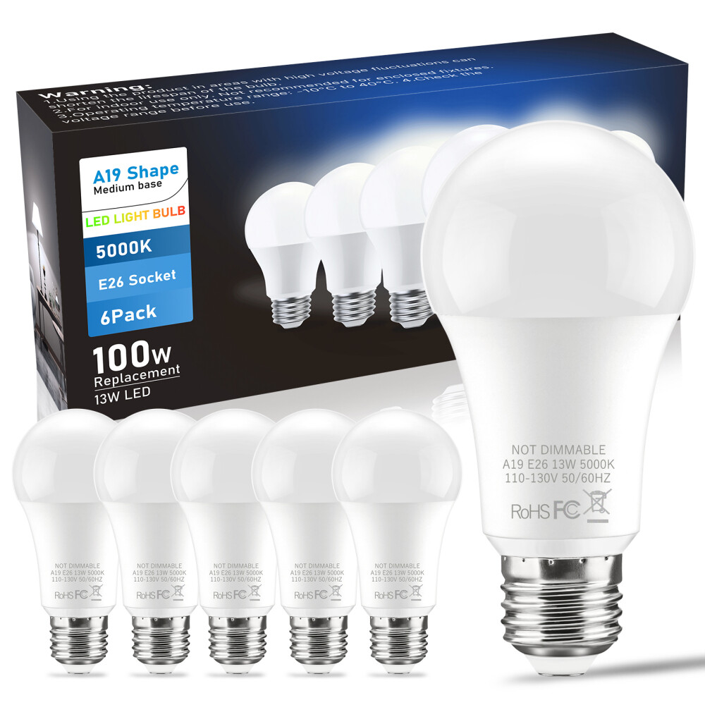 6 LED Light Bulbs 13W / 100W Replacement Daylight 5000K E26 Lamp Daylight White