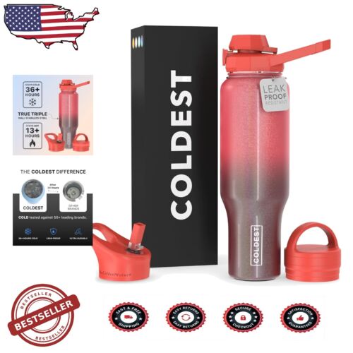 Coldest 46 oz Insulated Sports Water Bottle - 3 in 1 Lids, Nebula Red Glitter