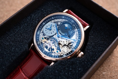 Mens Dual Time Skeleton Automatic Mechanical Watch Relojes Rose Gold Red Leather - Picture 11 of 12