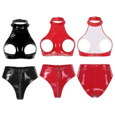 Womens Wet Look PVC Leather Lingerie Set Crop Top with High Rise Briefs Clubwear