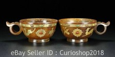 6" Old Chinese Hetian Jade Gilt Inlaid Gem Dragon Phoenix Bowl Bowls A Pair