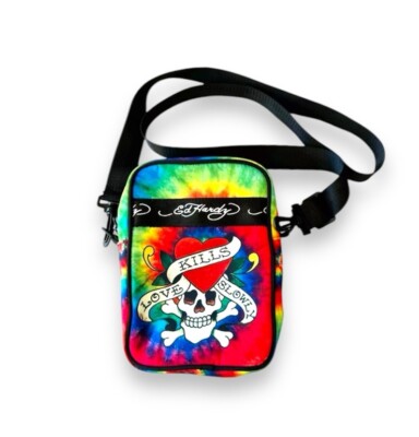 Ed Hardy Nylon Crossbody Skull On Rainbow Tie Dye “Love Kills