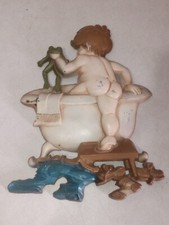 Sexton USA 1970 Metal Embossed Wall Hanging Boy W/ Frog In Bathtub Great Shape