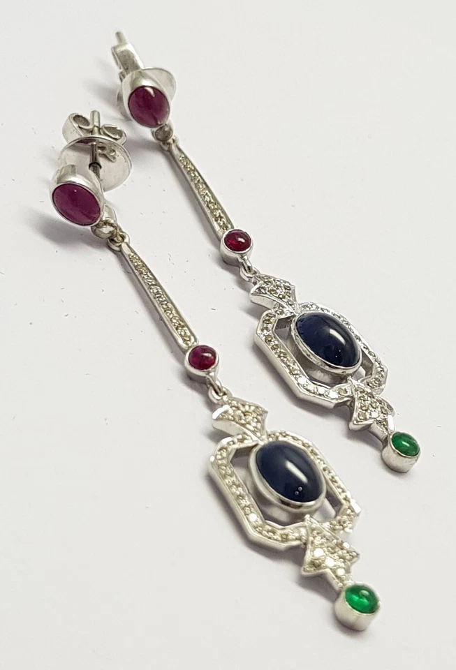 Smaragd Rubin Blauer Saphir Edelstein 925 Sterlingsilber Pave Diamant Ohrringe - Bild 2 von 4