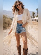 Boho Crochet Fringe Kimono Ivory Lace Festival Coachella Western Duster XL