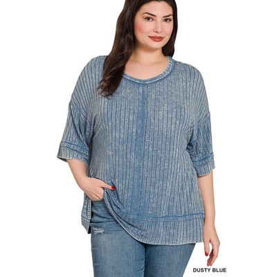 396-1X/2X Zenana Dusty Blue NWT Ribbed Drop Shoulder Half Sleeve Mineral Wash