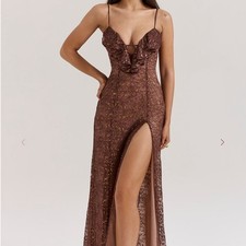 House of CB Lucianna Espresso Peppercorn brown maxi lace dress leg slit XS BNWT