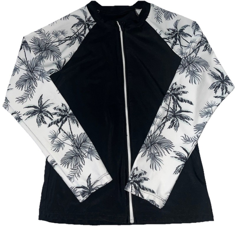 Swimming Jacket With Zipper Girl 13-14Y Black And White Long Sleeve Rash Guard