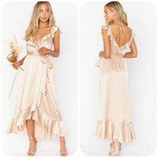 show me your mumu samantha ruffle wrap dress champagne luxe satin small