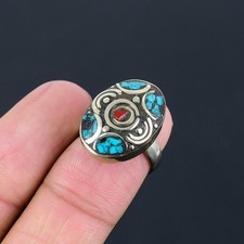 Red Coral Tibetan Turquoise 925 Sterling Silver Adjustable Nepali Ring PG 3022