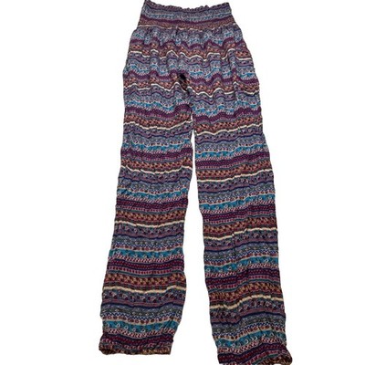 Womens Boho Harem Pants Smocked Waist Paisley Geometric Print Blue Red