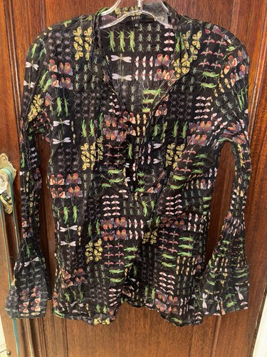 GUCCI Women's Sheer cotton Bell Sleeve Collared shirt w Insect pattern Size 42 - Picture 3 of 3