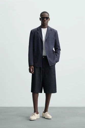 Zara Mens Textured Herringbone Overshirt Blazer M Navy Blue 5070/700 NWT image 2