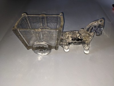 Vintage großer klarer Pressglas Esel mit Wagen Wagen Süßigkeiten Schmuck Schale