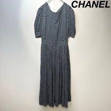 CHANEL Dress Puff Sleeve Dot Design Shirring White Navy Size M