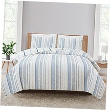 3 Piece Reversible Quilt Set with Shams All-Season Soft King Ivory / Blue