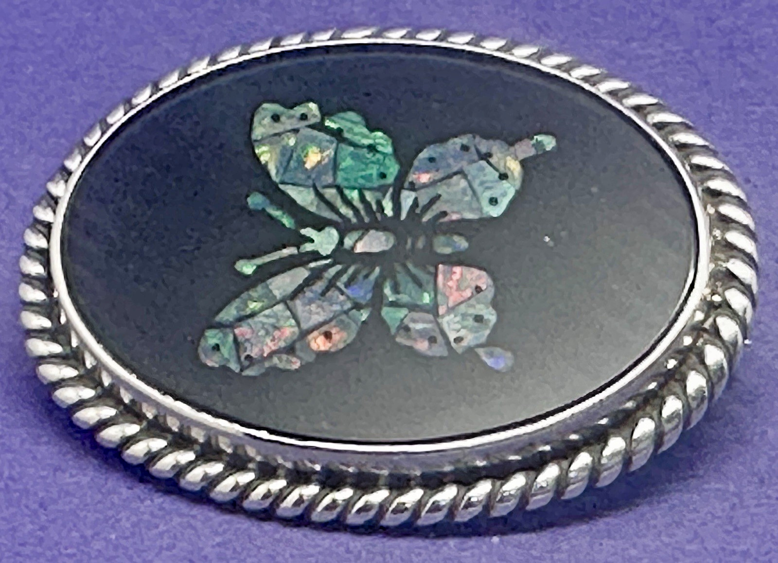 VINTAGE SOLID SILVER ABALONE & ONYX BUTTERFLY BRO… - image 1