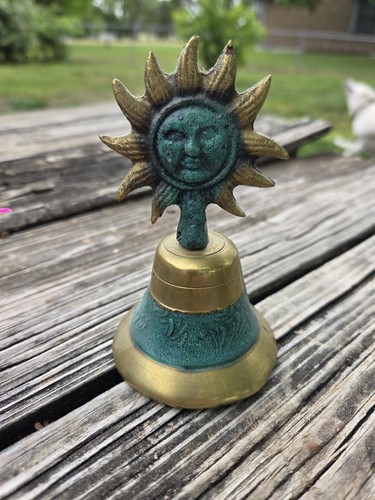 Vintage 90s Brass Celestial Sun 4" Bell Green Patina Star
