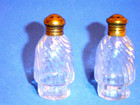 SALT & PEPPER ANTIQUE shakers GLASS with BRASS TOPS  2 1/2" tall VG or better — photo 1