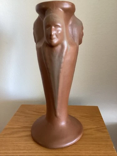 Van Briggle Pottery 1920s Three Native American Faces Mountain Crag Glaze Vase