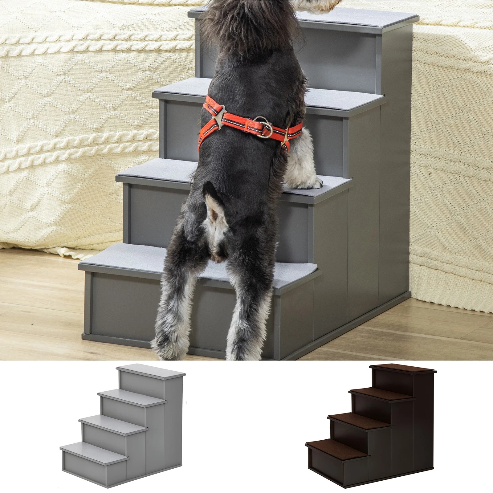 PawHut 4 Step Wooden Dog Steps Pet Stairs Cat Ladder for Bed Couch