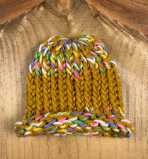Newborn Baby Winter Hat-Handmade-Knit Beanie-Fashion-Rainbow-Striped-Gold Yellow