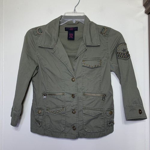Military Blazer Jacket Size Medium Junior Studded Graphic Love Print Grunge - Picture 4 of 18