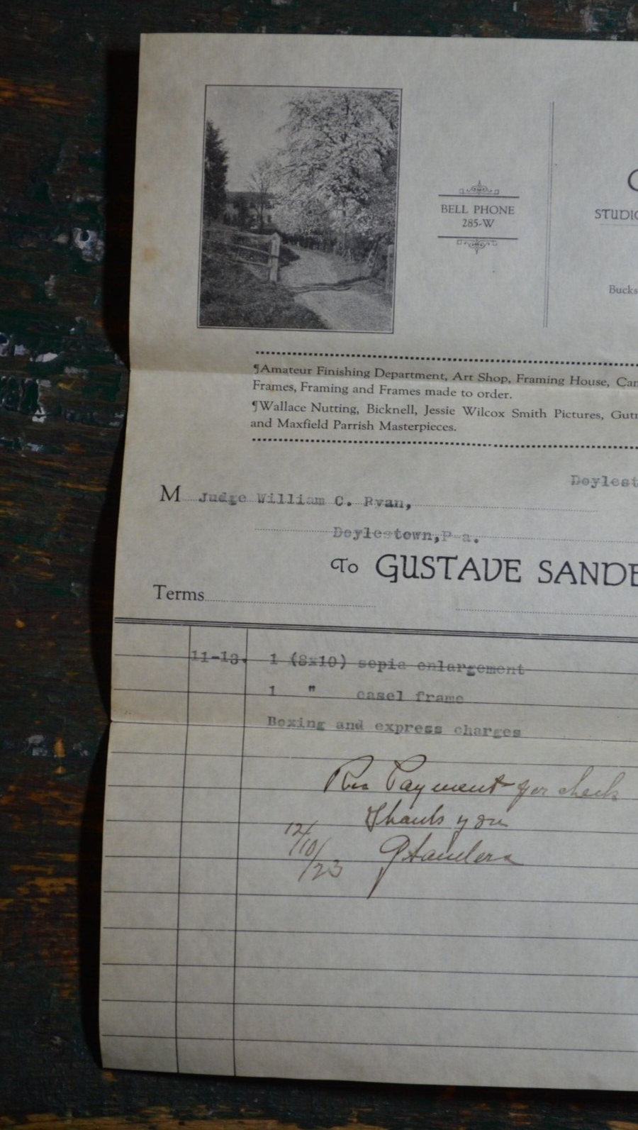 1922 Gustave Sanders Signed Doylestown PA Bucks County Photo Studio Billhead