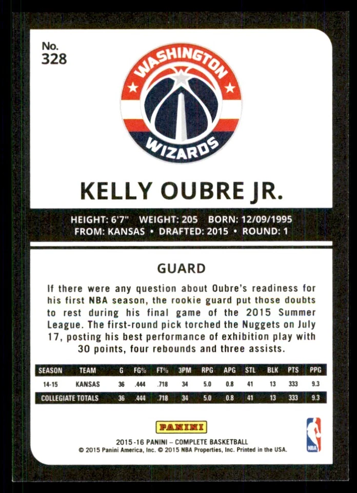 2015-16 Panini Complete! Kelly Oubre Jr. Washington Wizards #328 - Image 2 of 2