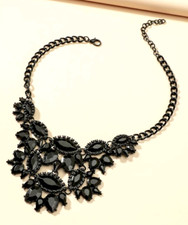 STUNNING Victorian Faceted Black Crystals Cluster Chain Drape Statement Necklace