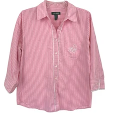 Lauren Ralph Lauren Women Cotton Pink Striped Button Up Pajama Sleep Top Medium