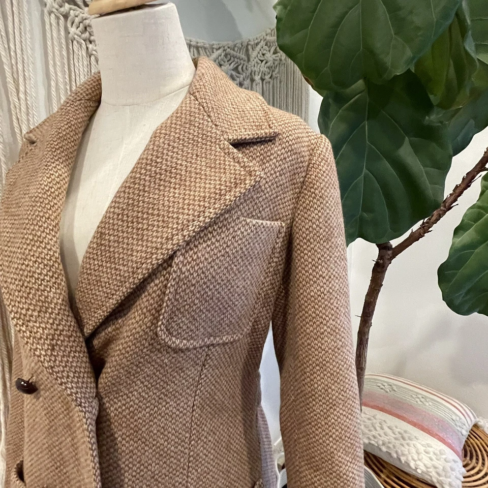 Oscar De La Renta Women's Tweed Tan Trench Coat Jacket | Size Large / 12 - Image 4 of 4